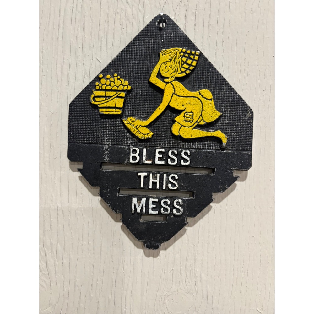 Vintage Cast Iron Bless This Mess Wall Plaque Made in USA Kitchen Decor Sign